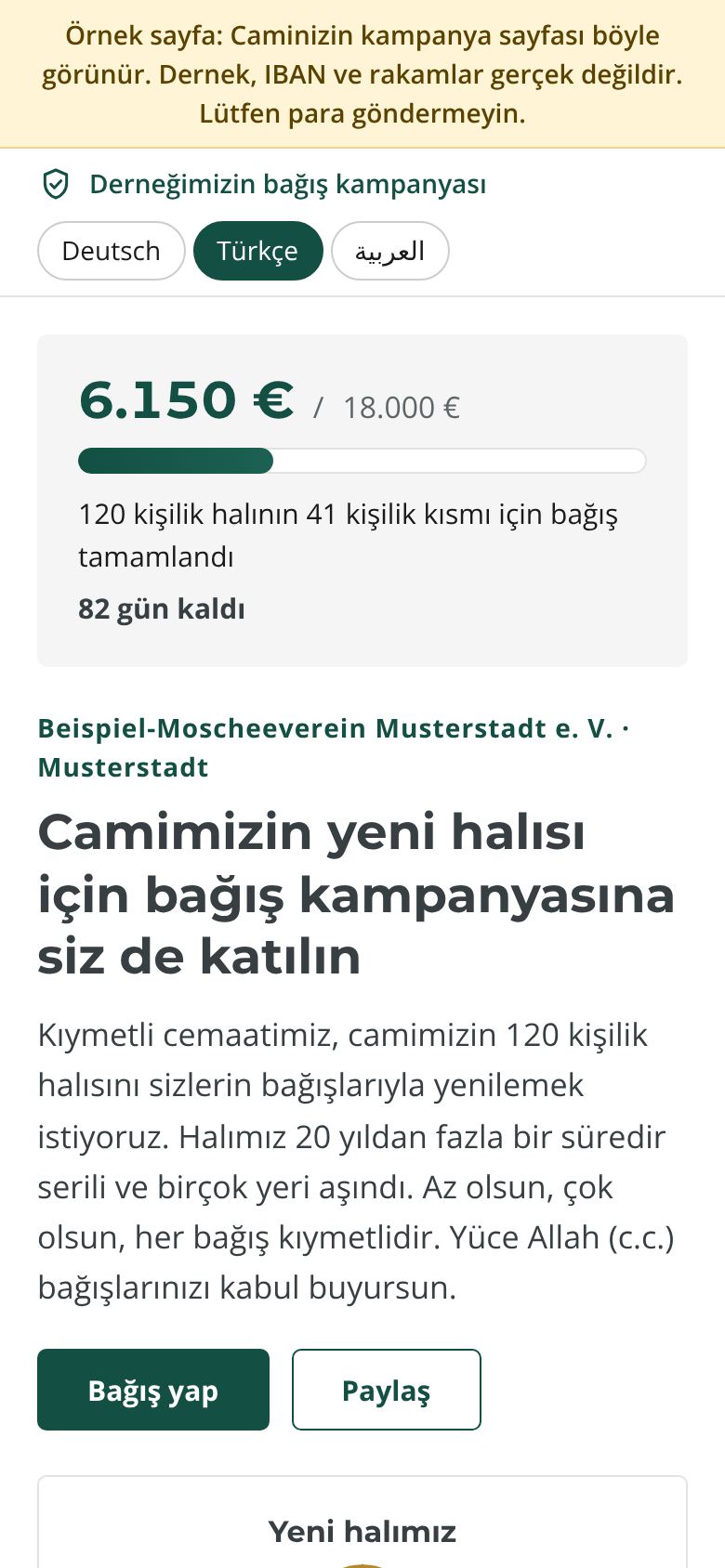 Telefonda Türkçe halı bağış kampanyası örnek sayfası